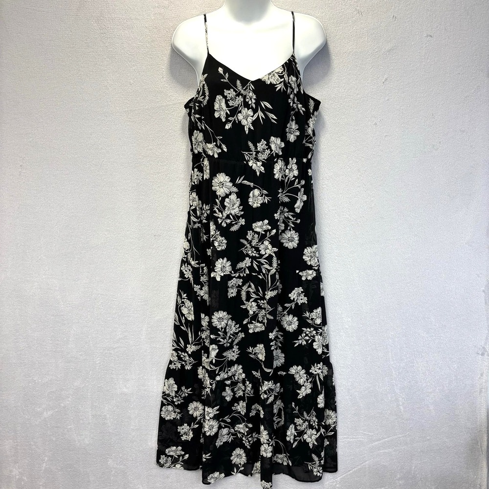 J Crew Mercantile Floral Chiffon Maxi Dress Womens Size 8 Black V-Neck Ruffle